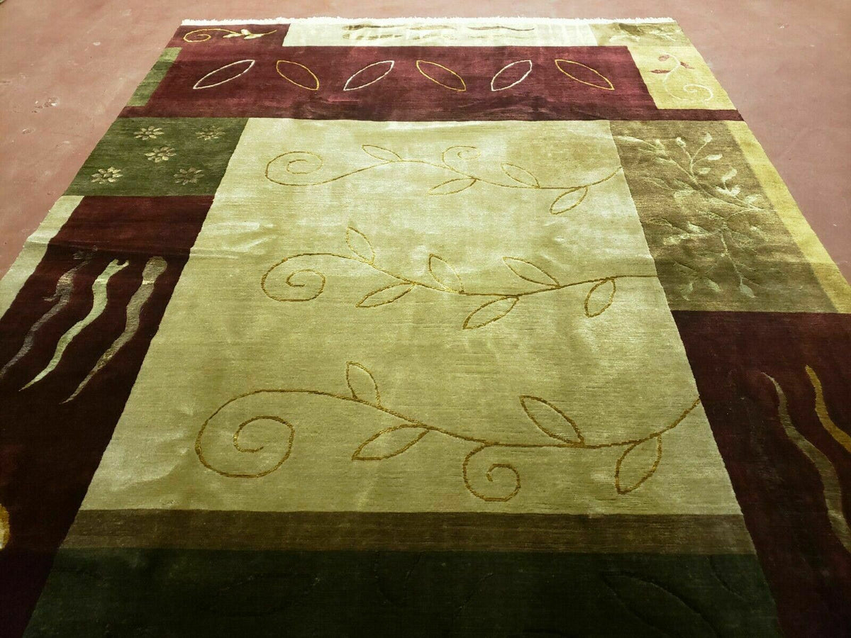 Tibetan Rug 6x9, Modern Abstract Tibet 6' 1" x 8' 11" in Cream and Burgundy, Green - 2605J003