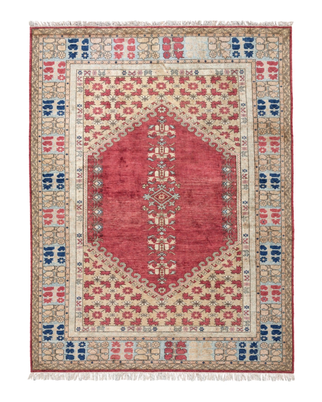 Turkish Heriz Rug 9x12, Geometric Pattern, Wool Turkey 8' 10" x 11' 6" in Red and Tan-Camel, Light Blue, Navy Blue - 2603L086
