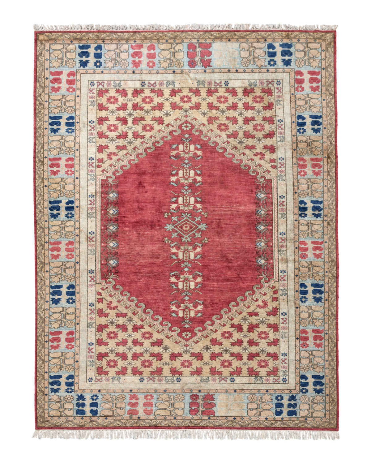 Turkish Heriz Rug 9x12, Geometric Pattern, Wool Turkey 8' 10" x 11' 6" in Red and Tan-Camel, Light Blue, Navy Blue - 2603L086