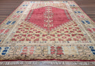 Turkish Heriz Rug 9x12, Geometric Pattern, Wool Turkey 8' 10" x 11' 6" in Red and Tan-Camel, Light Blue, Navy Blue - 2603L086