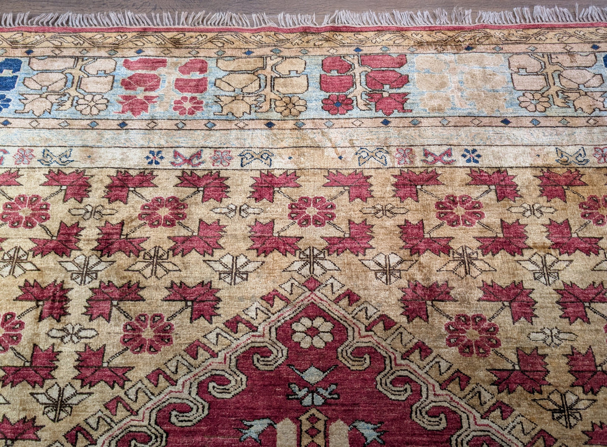 Turkish Heriz Rug 9x12, Geometric Pattern, Wool Turkey 8' 10" x 11' 6" in Red and Tan-Camel, Light Blue, Navy Blue - 2603L086