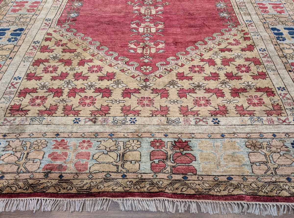 Turkish Heriz Rug 9x12, Geometric Pattern, Wool Turkey 8' 10" x 11' 6" in Red and Tan-Camel, Light Blue, Navy Blue - 2603L086