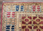 Turkish Heriz Rug 9x12, Geometric Pattern, Wool Turkey 8' 10" x 11' 6" in Red and Tan-Camel, Light Blue, Navy Blue - 2603L086