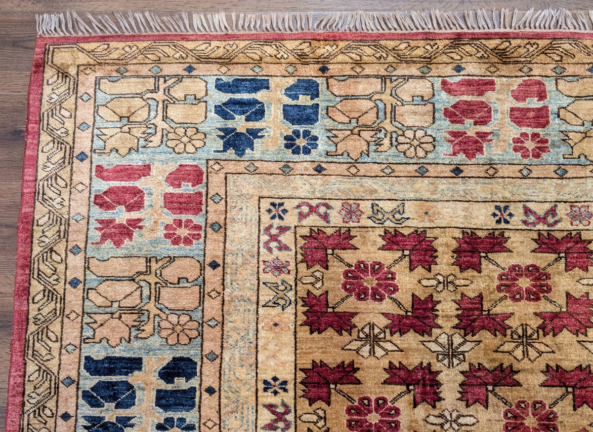 Turkish Heriz Rug 9x12, Geometric Pattern, Wool Turkey 8' 10" x 11' 6" in Red and Tan-Camel, Light Blue, Navy Blue - 2603L086