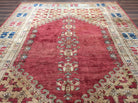 Turkish Heriz Rug 9x12, Geometric Pattern, Wool Turkey 8' 10" x 11' 6" in Red and Tan-Camel, Light Blue, Navy Blue - 2603L086