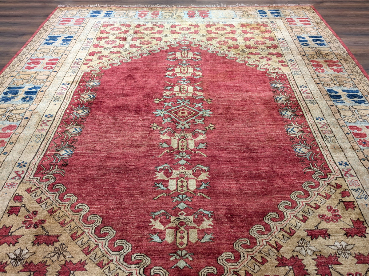 Turkish Heriz Rug 9x12, Geometric Pattern, Wool Turkey 8' 10" x 11' 6" in Red and Tan-Camel, Light Blue, Navy Blue - 2603L086