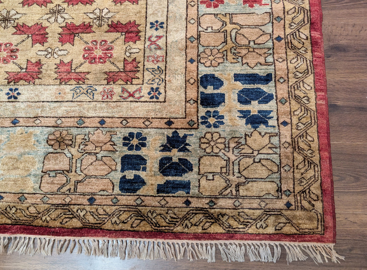 Turkish Heriz Rug 9x12, Geometric Pattern, Wool Turkey 8' 10" x 11' 6" in Red and Tan-Camel, Light Blue, Navy Blue - 2603L086