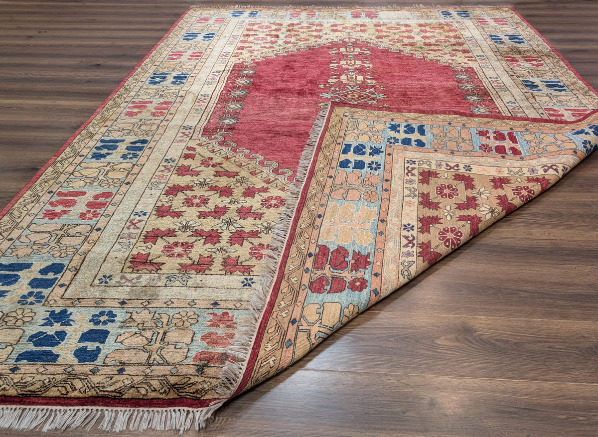 Turkish Heriz Rug 9x12, Geometric Pattern, Wool Turkey 8' 10" x 11' 6" in Red and Tan-Camel, Light Blue, Navy Blue - 2603L086