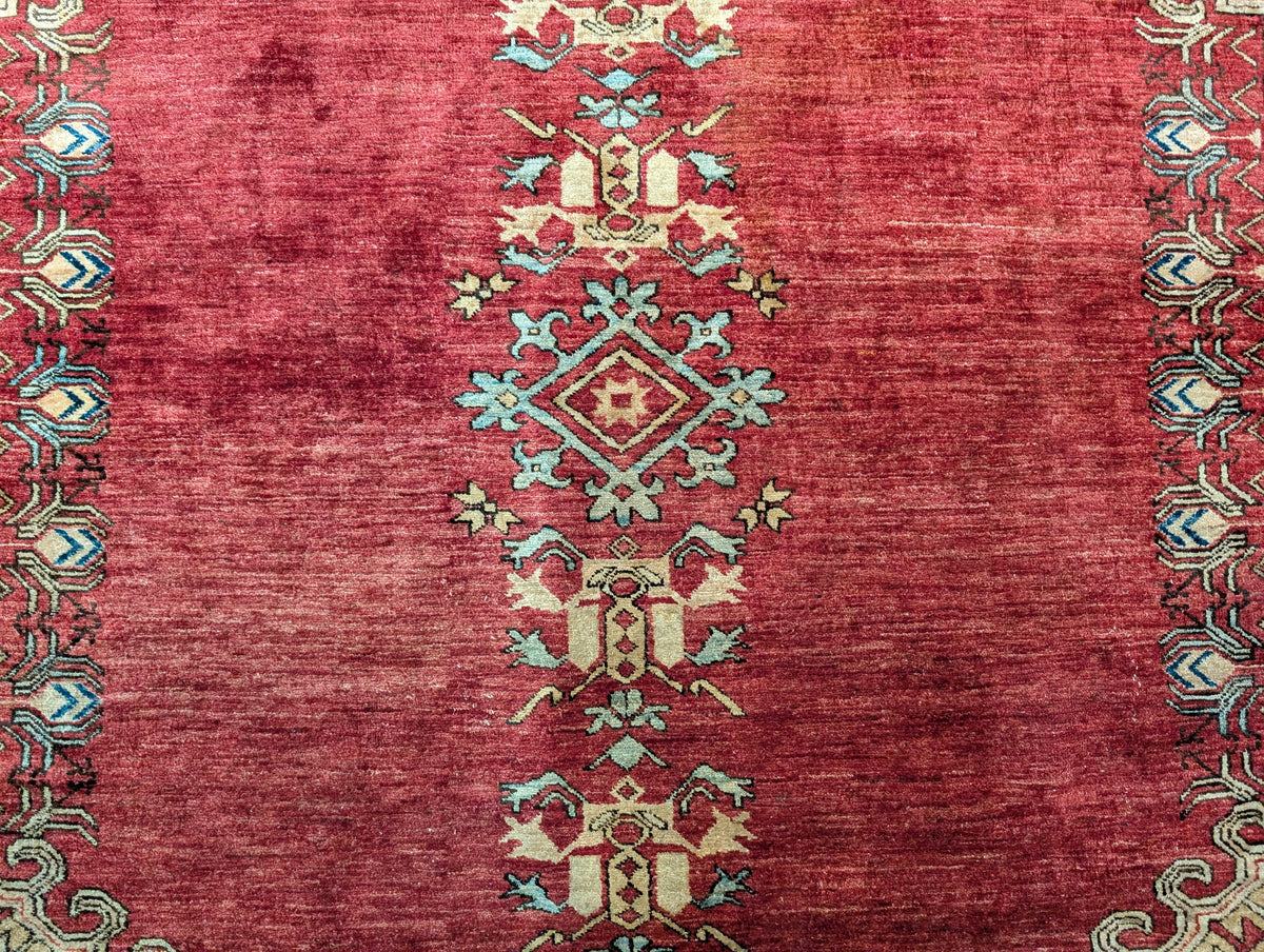 Turkish Heriz Rug 9x12, Geometric Pattern, Wool Turkey 8' 10" x 11' 6" in Red and Tan-Camel, Light Blue, Navy Blue - 2603L086