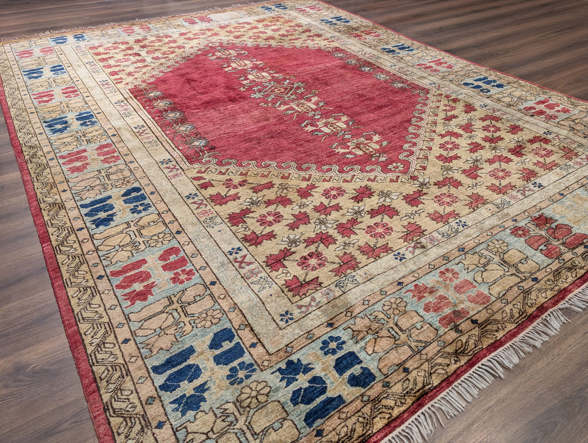 Turkish Heriz Rug 9x12, Geometric Pattern, Wool Turkey 8' 10" x 11' 6" in Red and Tan-Camel, Light Blue, Navy Blue - 2603L086
