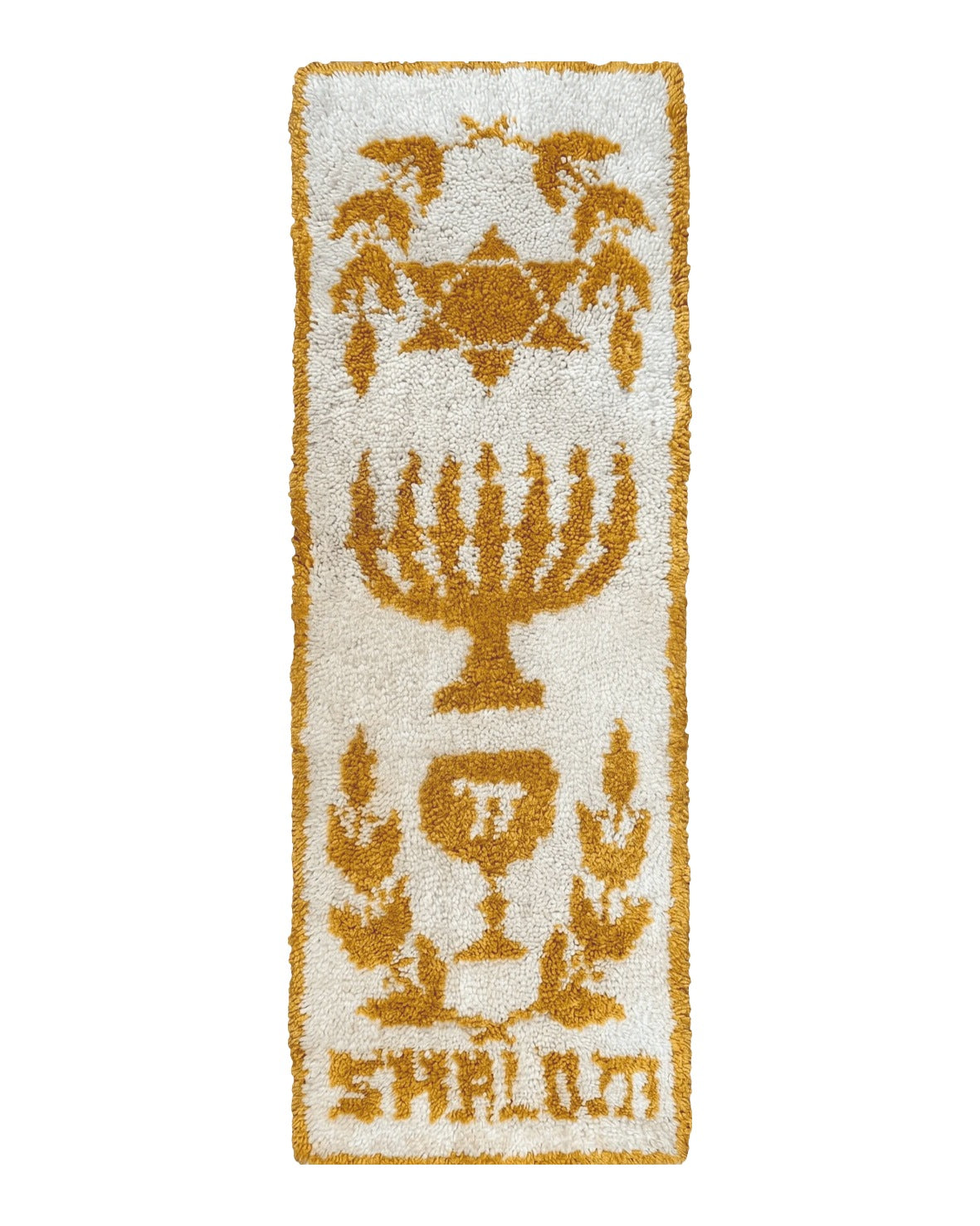 Unique Judaica Wall Hanging Rug 1.5 x 4, Shalom Menorah Jewish Star Kiddush Cup Chai Wall Hanging, Vintage, Wool, Ivory and Orange USA 1.4x4.1 - 2304L093