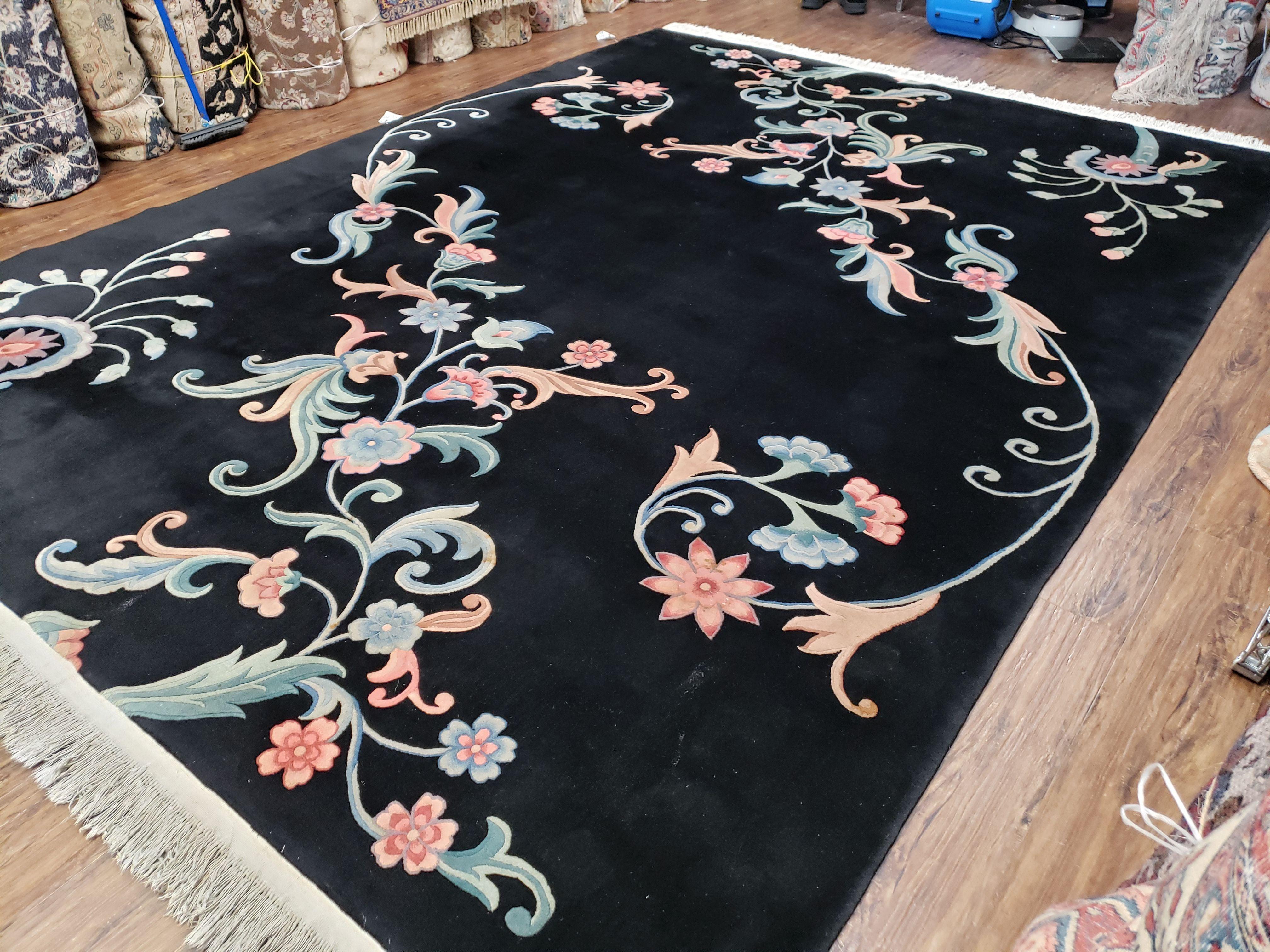 9x12 Chinese Art Deco Rug Black Wool Area Rug 120 Lines Flowers Handmade Carpet - Jewel Rugs