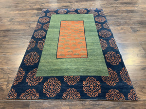 Tibetan Rug 4x6 Modern Carpet, Tibet Nepal Rug 4 x 6 Contemporary Rug, Open Field Green Orange Navy Blue, Hand Knotted Rug Abstract Wool Rug - Jewel Rugs