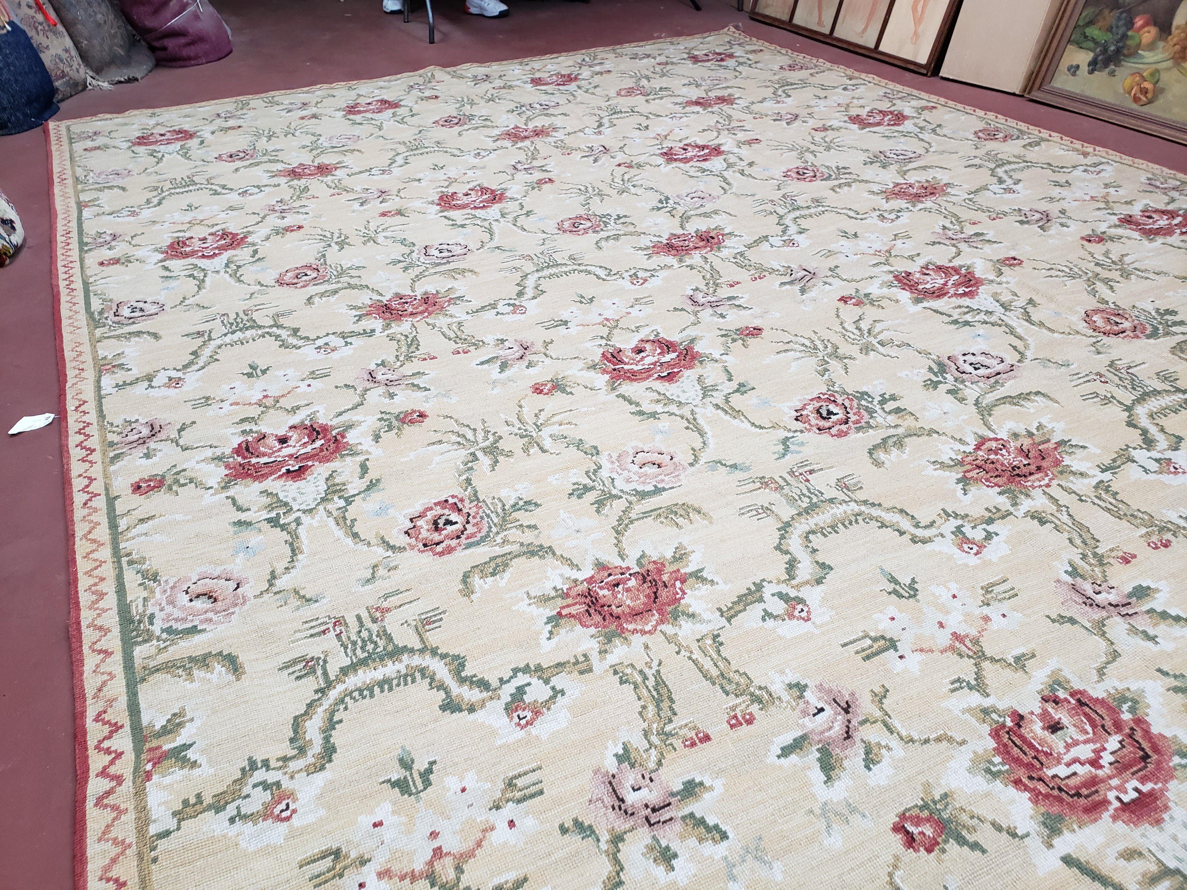 Needlepoint Rug 10x14 Wool Flatweave Carpet, English Floral Pattern, Pale Yellow, Roses, Allover Pattern, Handmade Large Needlepoint Nice - Jewel Rugs