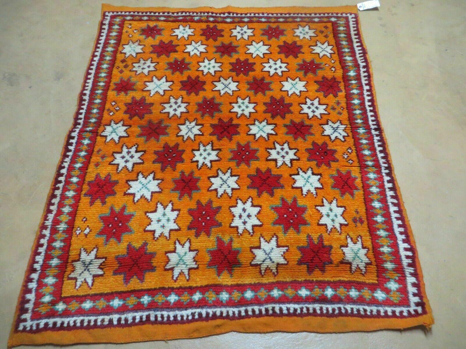 Vintage Moroccan Rug 4x5, Orange Ivory Red, Geometric Stars, Repeated Motif Allover, Hand Knotted Soft Wool Area Rug, Tribal Oriental Carpet - Jewel Rugs