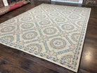 Vintage Chinese Needlepoint Rug 8x11, Diamond Panel Design, Room Sized English Flatweave Carpet, Wool Handwoven Rug, Beige Blue Light Colors - Jewel Rugs