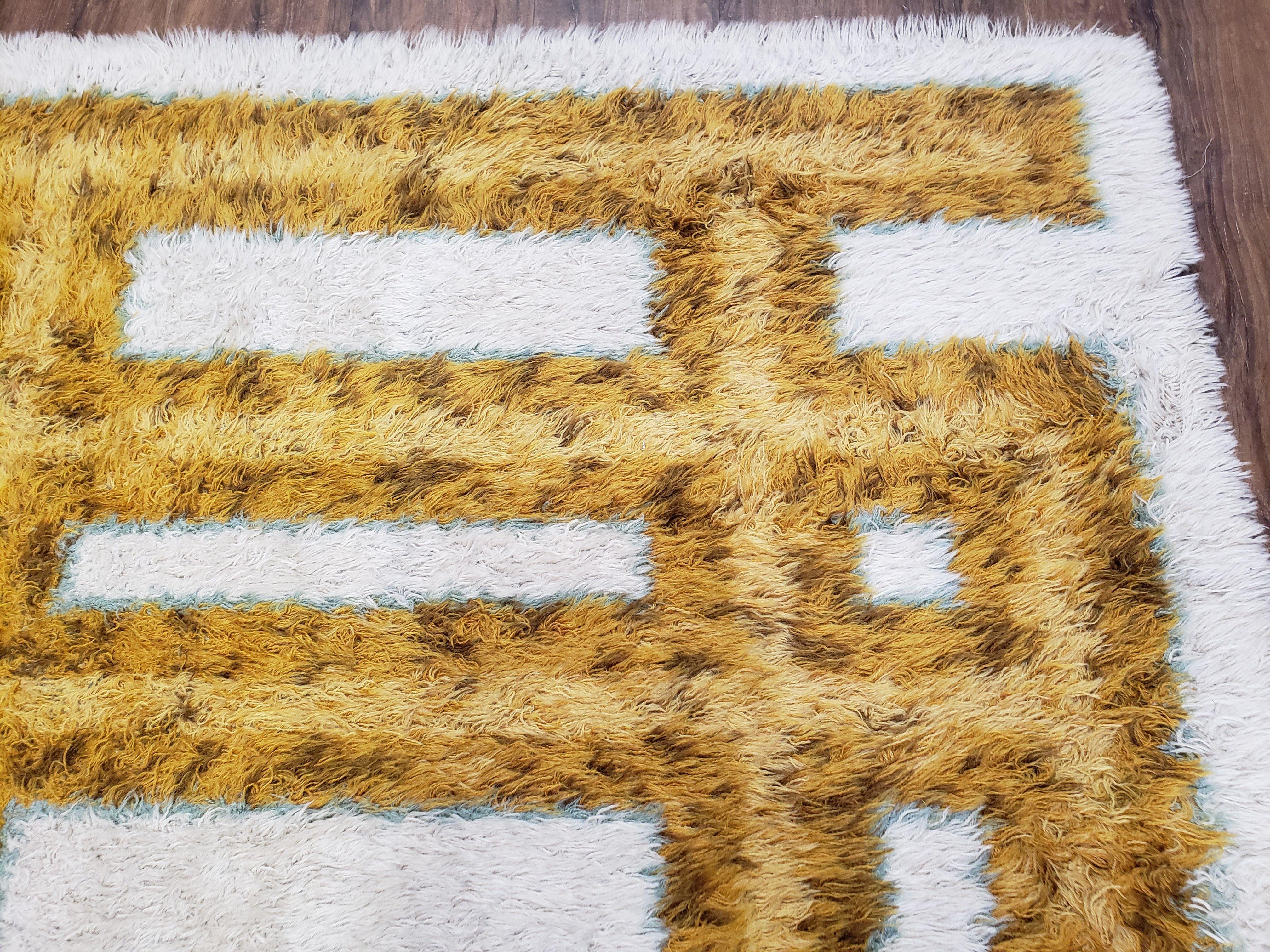 Mid-Century Danish Shag Rug 4.9 x 6.4, Ivory & Gold Vintage Shag Rug, Modern Carpet, Soft Wool High Pile Rug, 1960s Rya Style Contempory Rug - Jewel Rugs