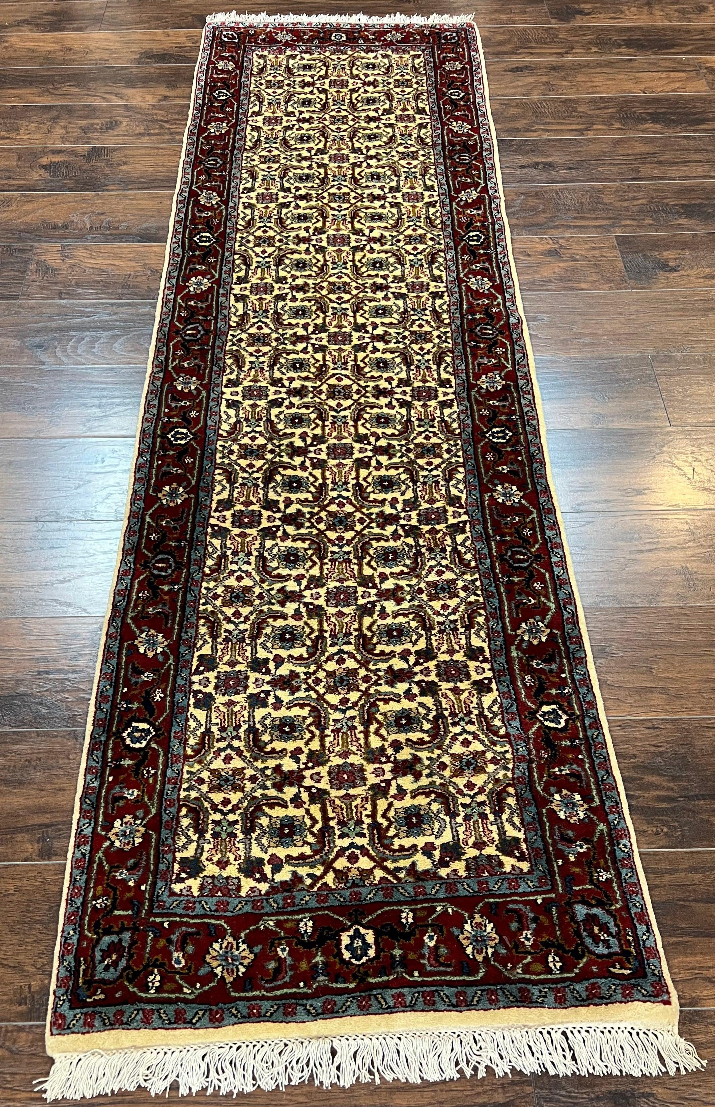 Indo Persian Runner Rug 2.6 x 8.4, Allover Herati Design Cream and Maroon, Vintage Wool Hand Knotted Handmade Indian Runner Rug, Hallway Rug - Jewel Rugs