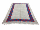 Gray Turkish Kilim Carpet 5' 7" x 7' 7", Medium Kilim Rug, Hand-Knotted, Blue & Red Border, Minimalistic Design, Geometric, Wool, New - Jewel Rugs