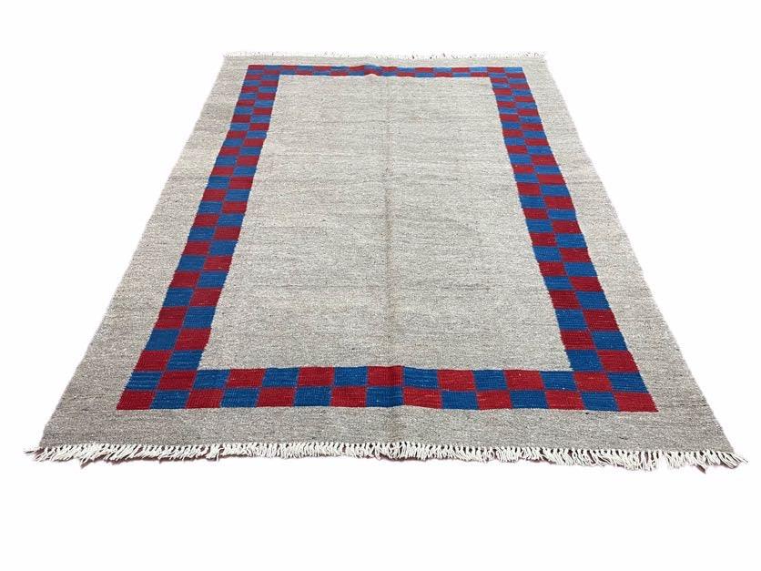 Gray Turkish Kilim Carpet 5' 7" x 7' 7", Medium Kilim Rug, Hand-Knotted, Blue & Red Border, Minimalistic Design, Geometric, Wool, New - Jewel Rugs