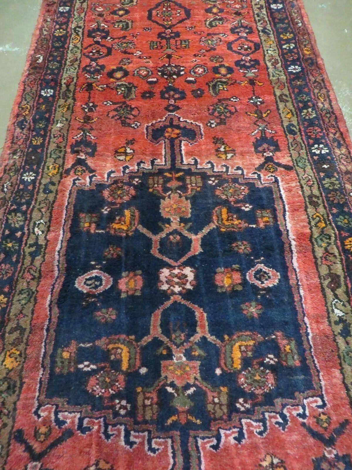 3' 3" X 10' 2" Antique Handmade India Floral Wool Runner Rug Knotted Red # 133 - Jewel Rugs