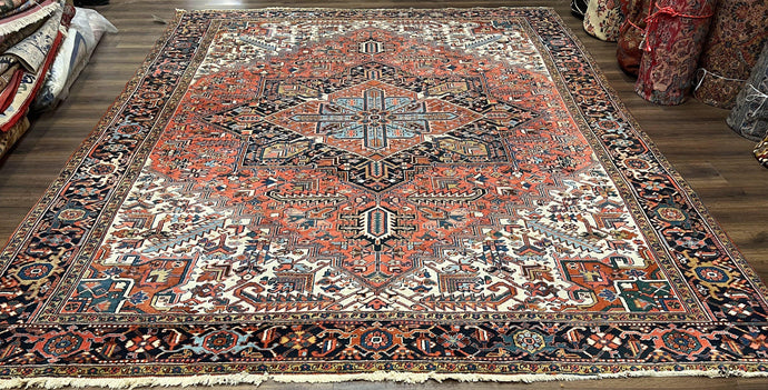 Stunning Persian Heriz Serapi Rug 10x13, Geometric Carpet 10 x 13 ft, Semi Antique Vintage Rug, Red Light Blue Ivory, Hand Knotted Wool Wow - Jewel Rugs