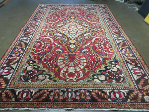 7' X 10' Antique Handmade Indian Agra Wool Rug Hand Knotted Vegetable Dyes Red - Jewel Rugs