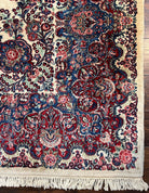 Beautiful Oversized Persian Kirman Rug 9x18 ft, Palace Sized Wool Handmade Oriental Carpet 9 x 18, Ivory Cream Dark Red Blue, 1940s Vintage Floral - Jewel Rugs