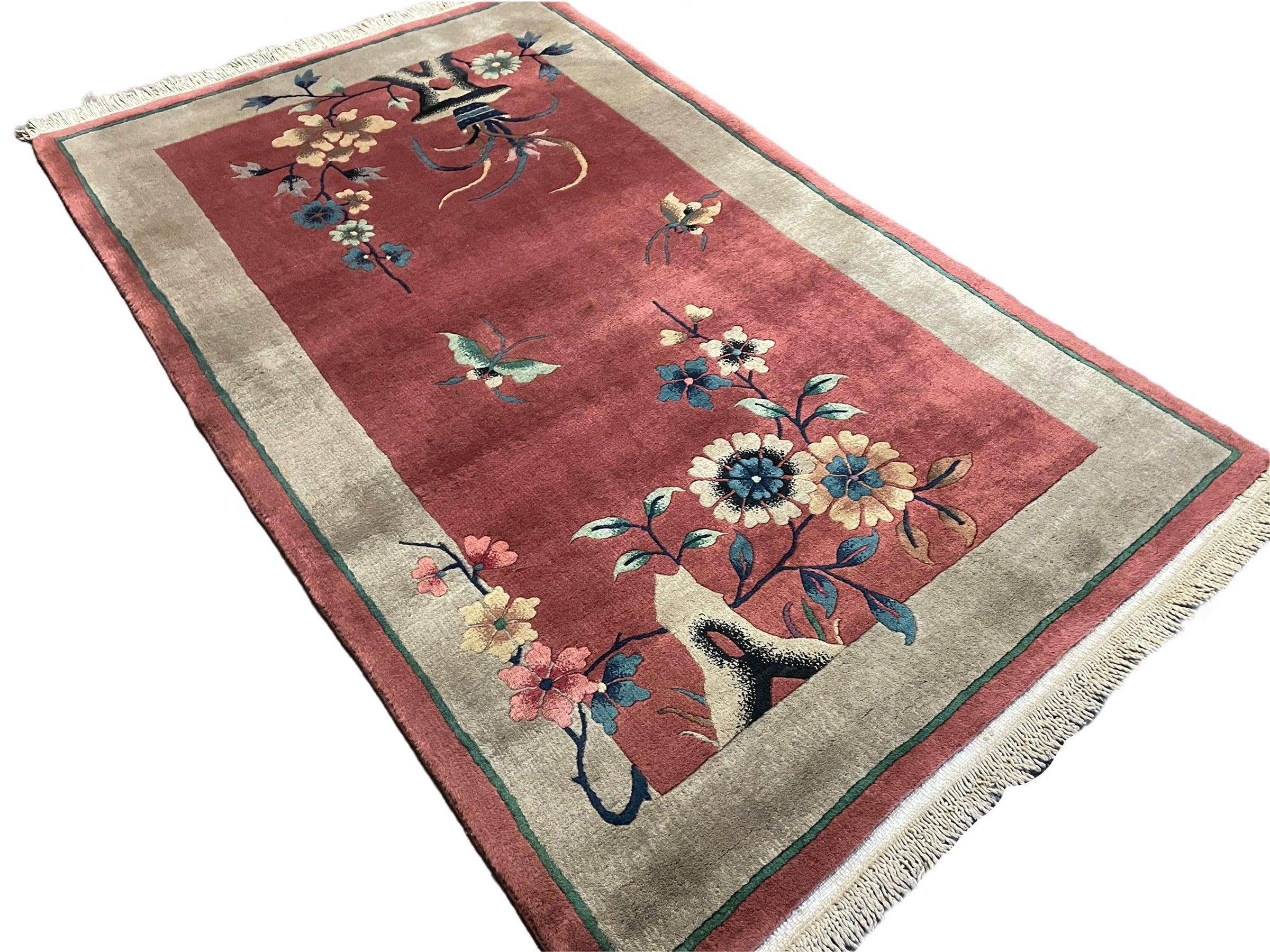 3' X 5' Vintage Handmade Art Deco Chinese Rug Wool Rug Peking Flower Floral Red - Jewel Rugs