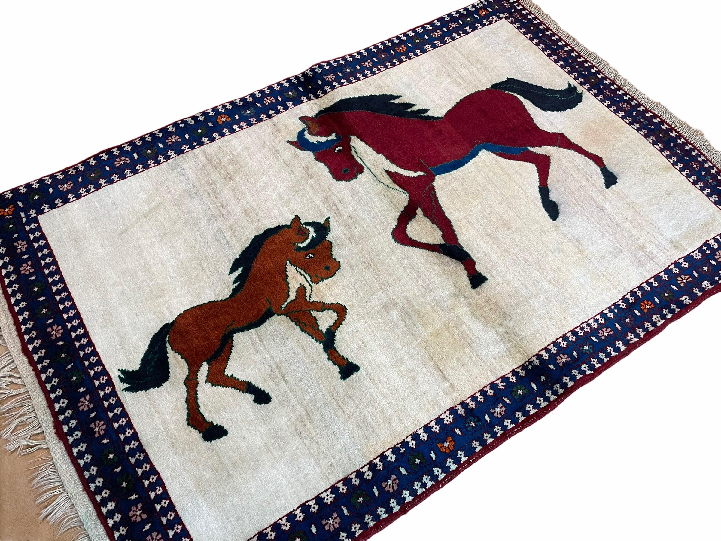 3.5 X 5 Handmade Hand-Knotted Quality Wool Pictorial Brown Horses Animal Rug - Jewel Rugs