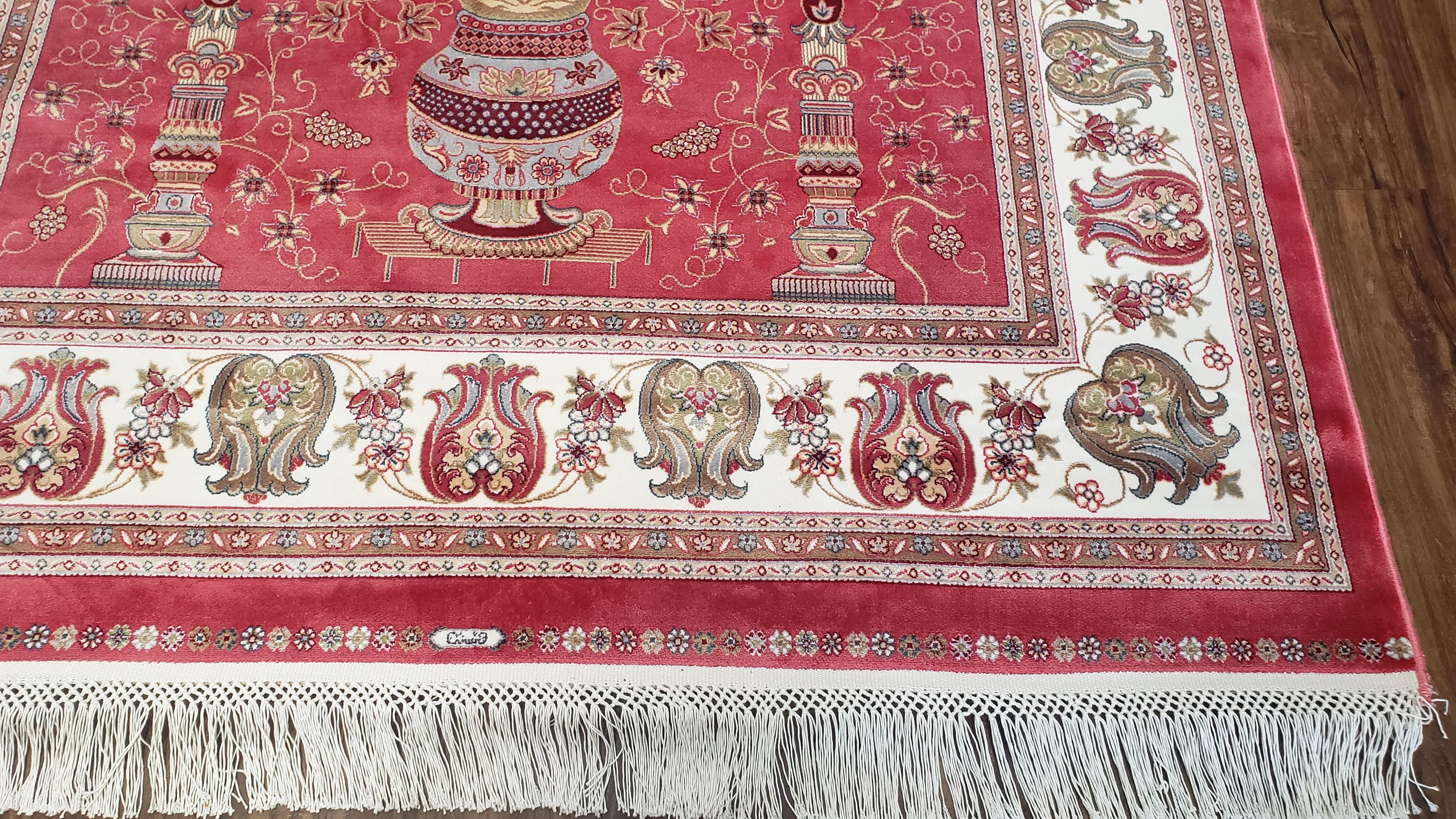 4 x 6 Silk Carpet Red, Traditional Oriental Rug 4x6, Flower Vase Columns, Turkish Rug New, High Quality, Bamboo Silk, Area Rug - Jewel Rugs