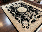 Aubusson Rug 9x12, Wool with Silk Highlights, Vintage Aubusson Carpet with Pile, Black and Beige, Handmade Elegant Room Sized Area Rug, Nice - Jewel Rugs