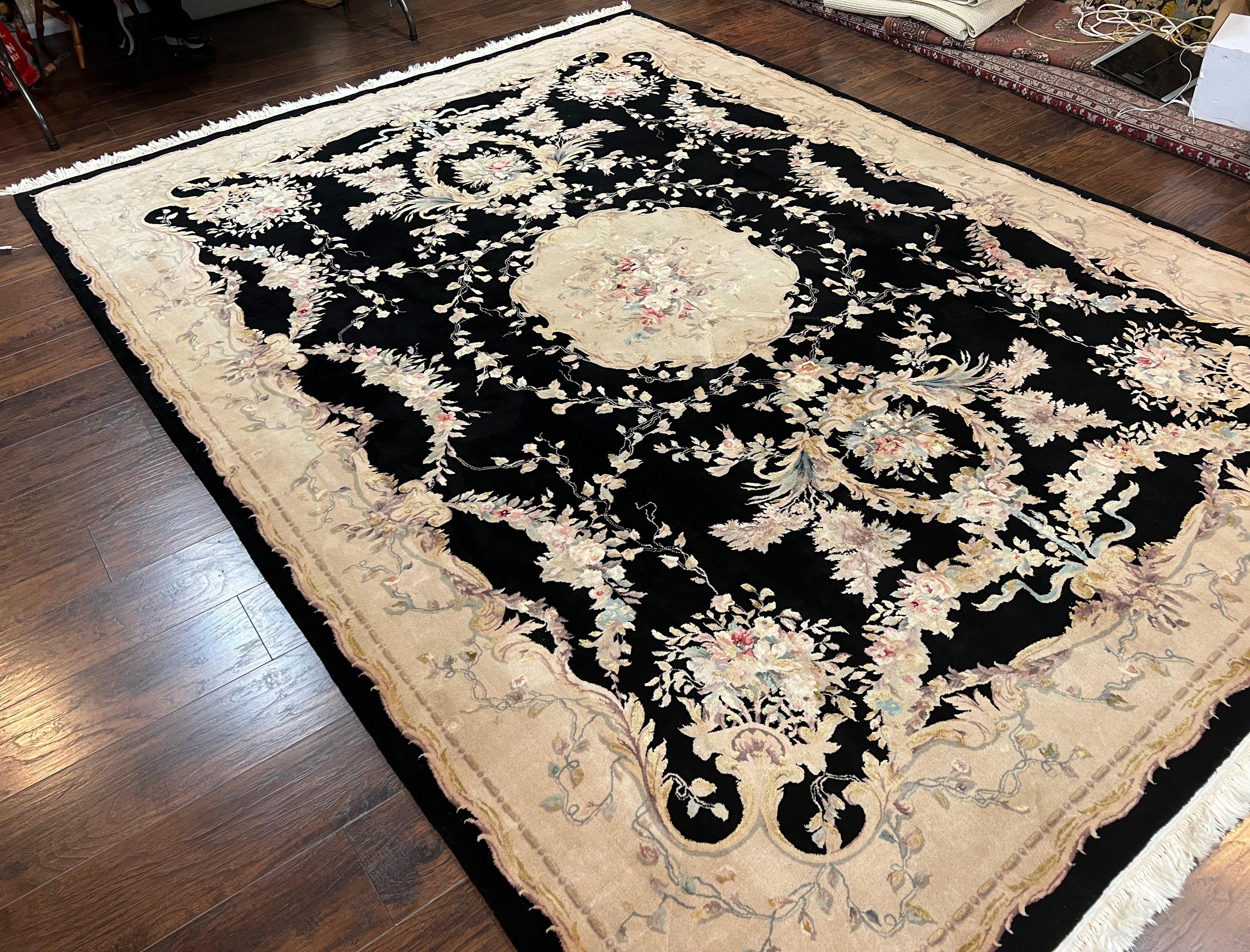 Aubusson Rug 9x12, Wool with Silk Highlights, Vintage Aubusson Carpet with Pile, Black and Beige, Handmade Elegant Room Sized Area Rug, Nice - Jewel Rugs