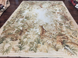 Needlepoint Rug 10x14, Floral Pattern with Leopards, Ivory Beige Tan, Handmade Wool Large Needlepoint Carpet 10 x 14 ft, Animal Pictorials - Jewel Rugs