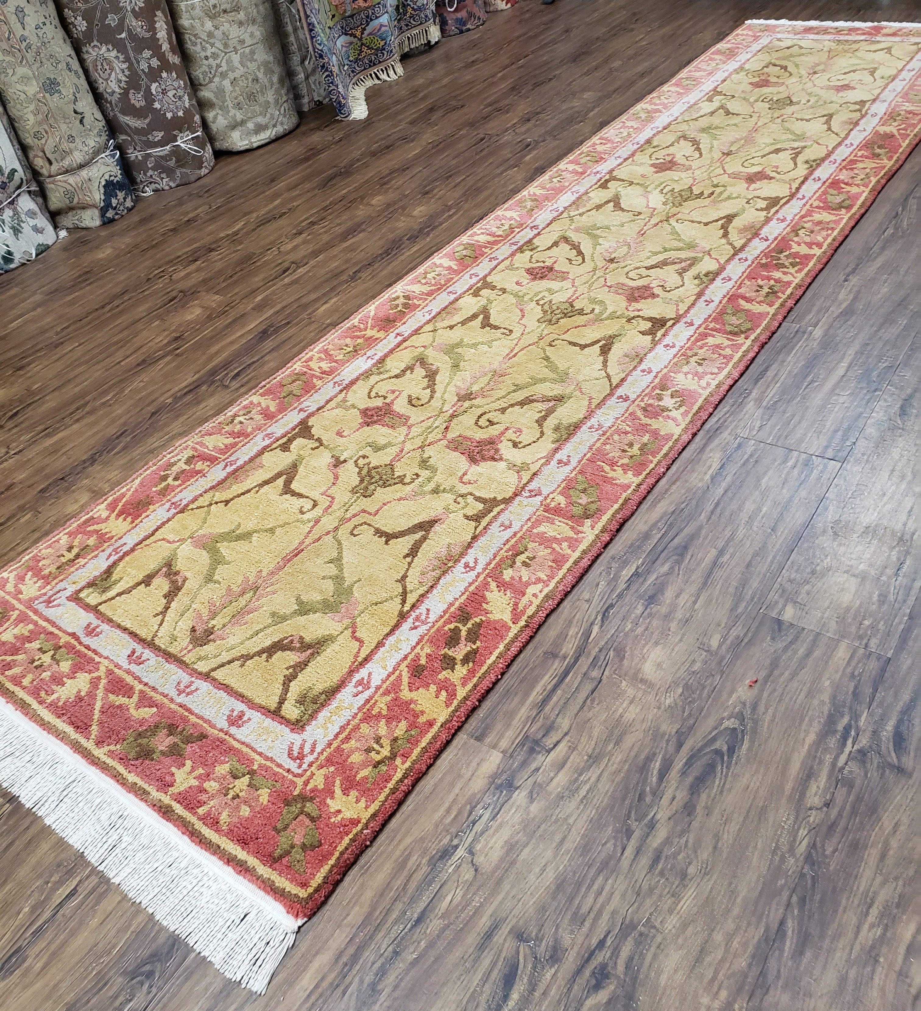 Vintage Nepalese Runner Rug 3 x 11.9, Wool Hand-Knotted Hallway Carpet, Gold & Red Nepali Tibetan Runner 3 x 12 Soft Pile Kitchen Carpet - Jewel Rugs