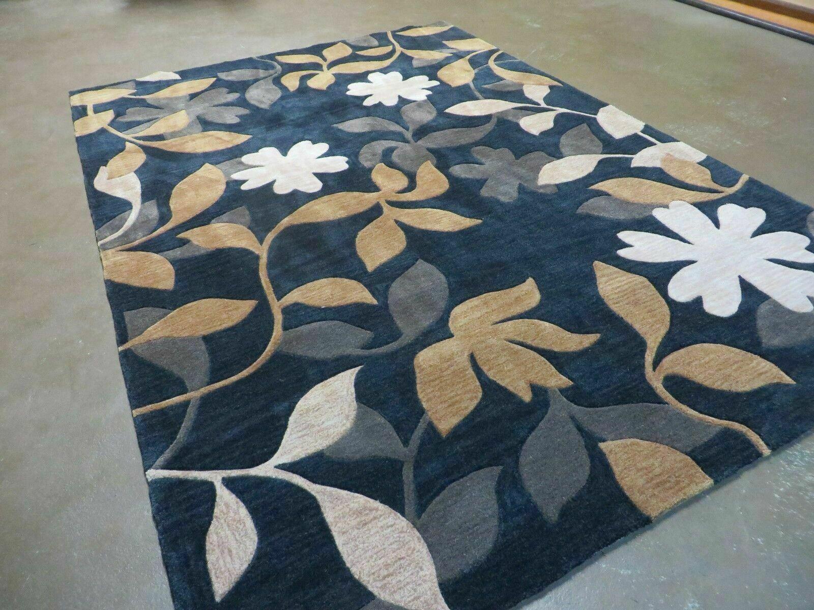 5' X 8' Abstract Modern Contemporary Style Hand Tufted Wool Rug Floral Flowers Nice Black - Jewel Rugs