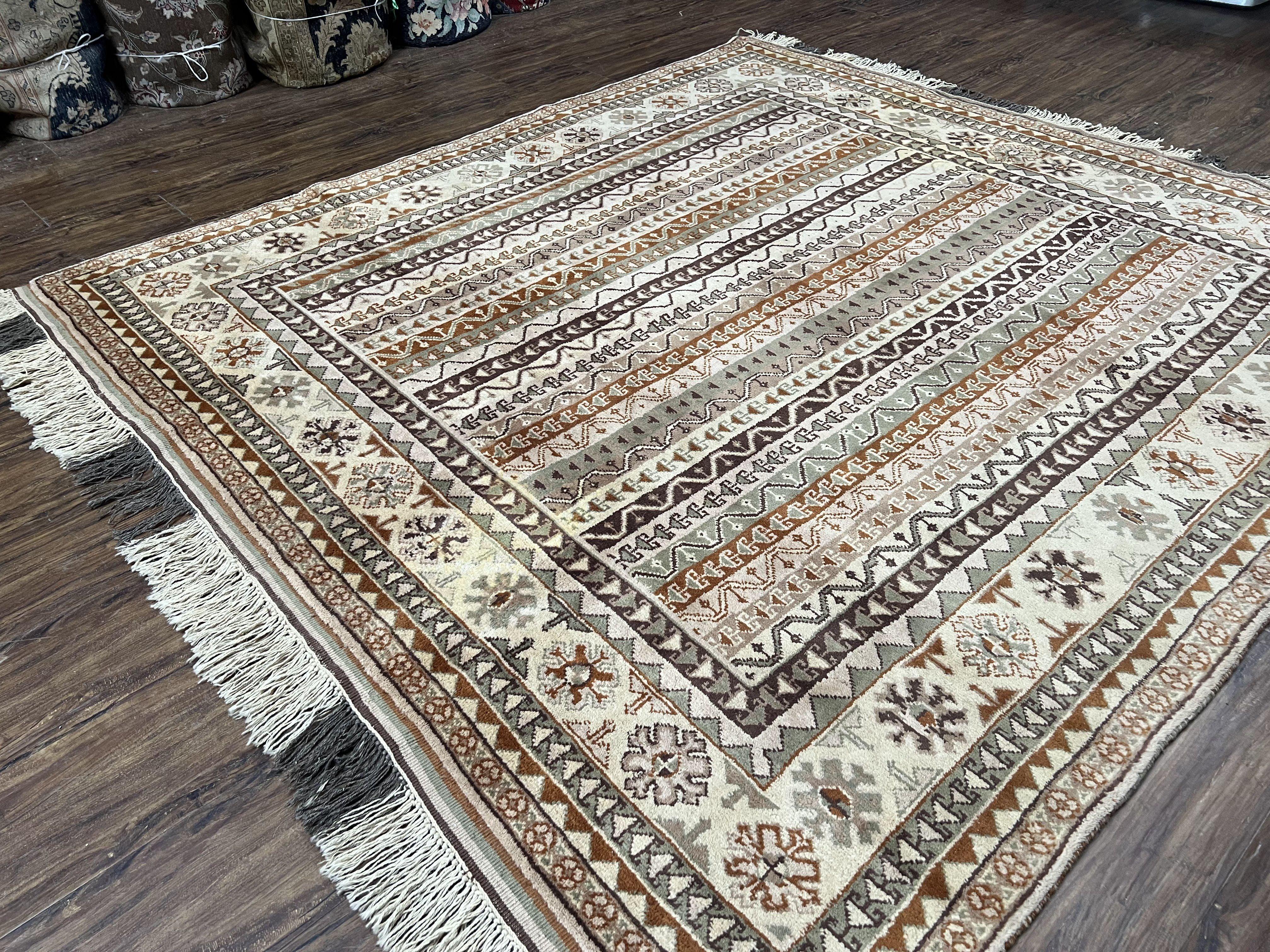Striped Turkish Anatolian Rug 6x7 Almost Square Shaped Carpet Handmade Vintage Oriental Rug, Living Room Rug, Neutral Colors Cream, Wool Rug - Jewel Rugs