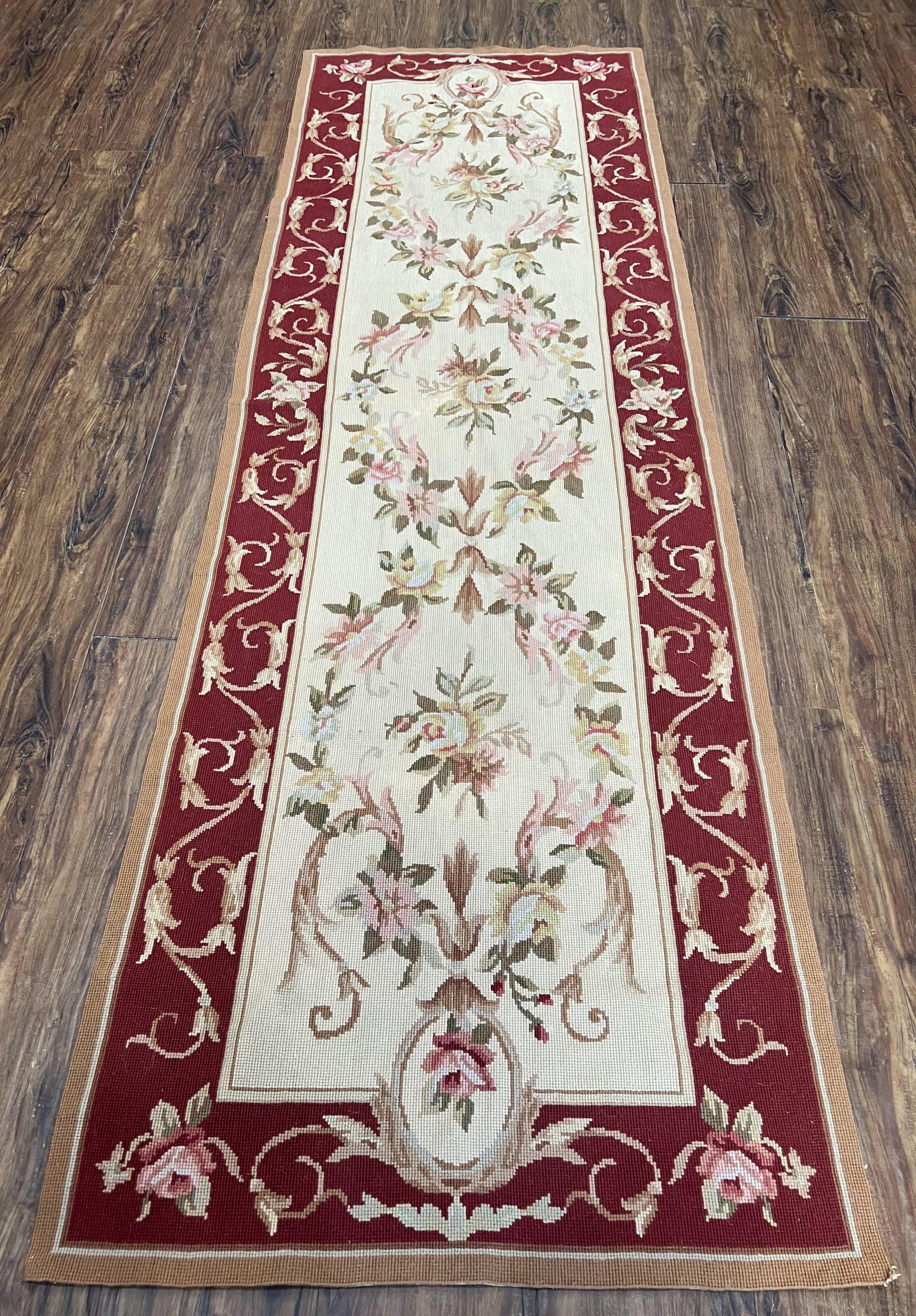 Needlepoint Runner 2.6 x 8 ft, French European Floral Vintage Rug, Beige/Cream Maroon Pink Flowers, Flatweave Runner 8 ft Long Hand Woven - Jewel Rugs