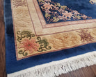 Vintage Chinese Art Deco Area Rug 10x13, Hand-Knotted Wool Chinese Blue & Cream Carving 90 Line Asian Carpet, Soft Art Deco 10 x 13 Rug Nice - Jewel Rugs