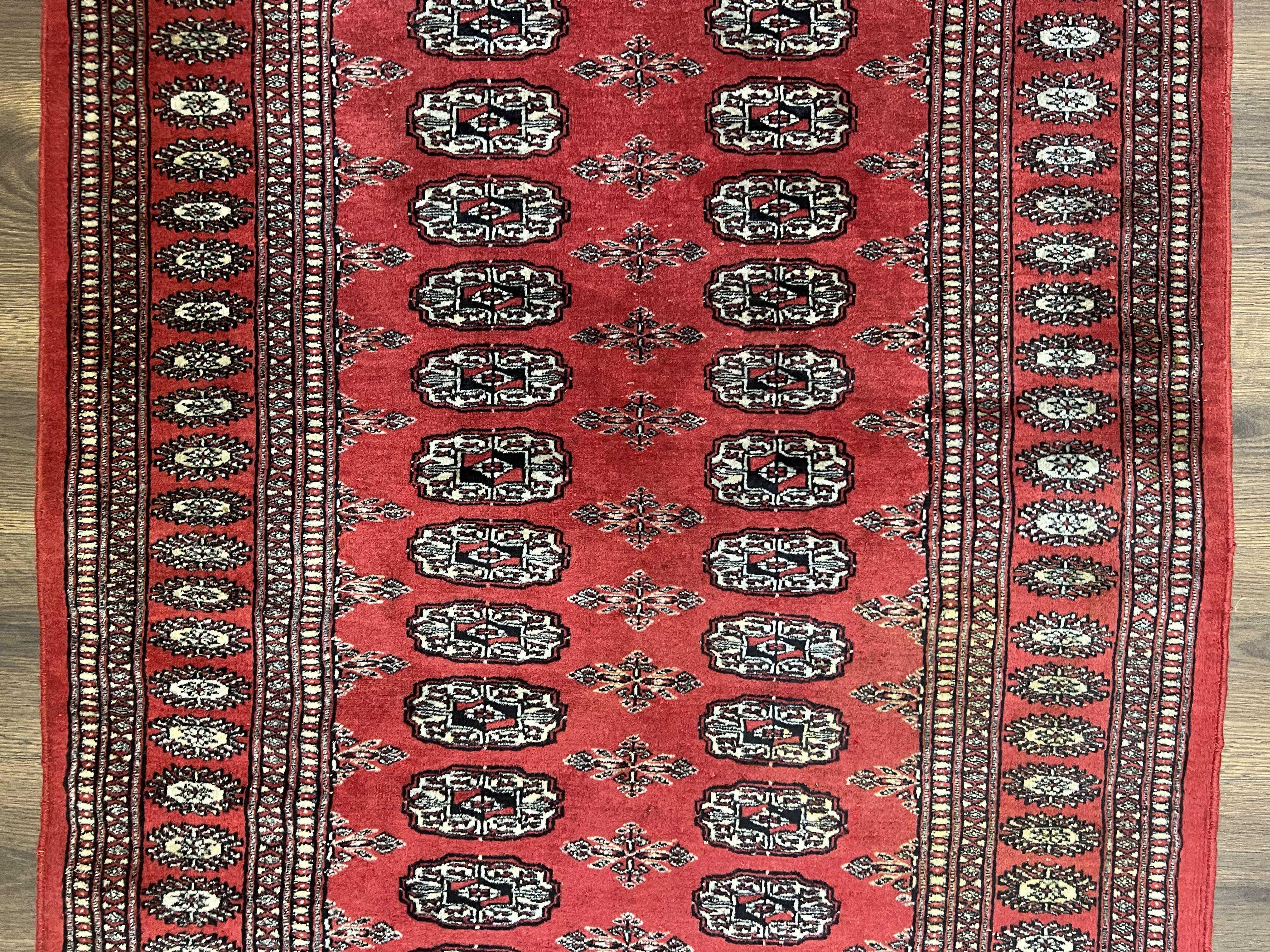 Pakistani Bokhara Rug 3x5, Red Turkoman Carpet 3 x 5 ft, Hand Knotted Wool Vintage Tribal Bohemian Rug, Elephant Foot Motif, Handmade Nice - Jewel Rugs