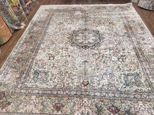 Vintage Indian Room Sized Silk Rug 8x10, Indo Kashmiri Carpet, Hand-Knotted Persian Oriental Carpet, Floral Medallion Allover Pattern, Ivory - Jewel Rugs