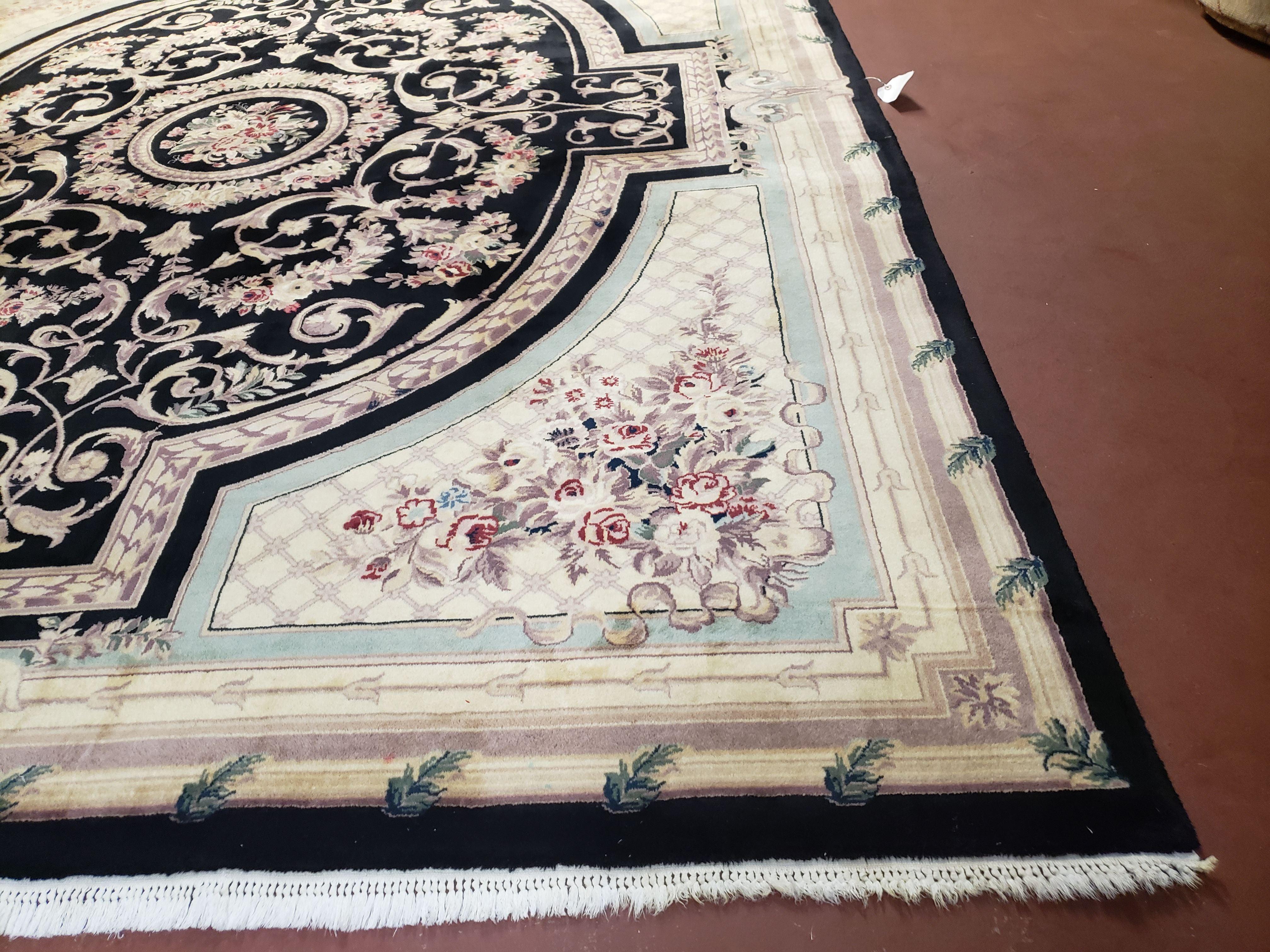 8x10 Aubusson Rug, Fine Hand Knotted Wool Carpet, French European Design, Black & Ivory - Jewel Rugs