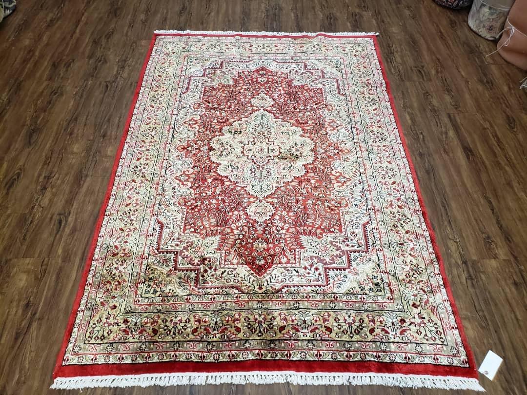 Vintage Kashmiri Silk Rug 5x7, Red & Ivory Hand-Knotted Silk Carpet, Silk Oriental Rug 5 x 7, Traditional Indian Kashmiri Fine Area Rug - Jewel Rugs