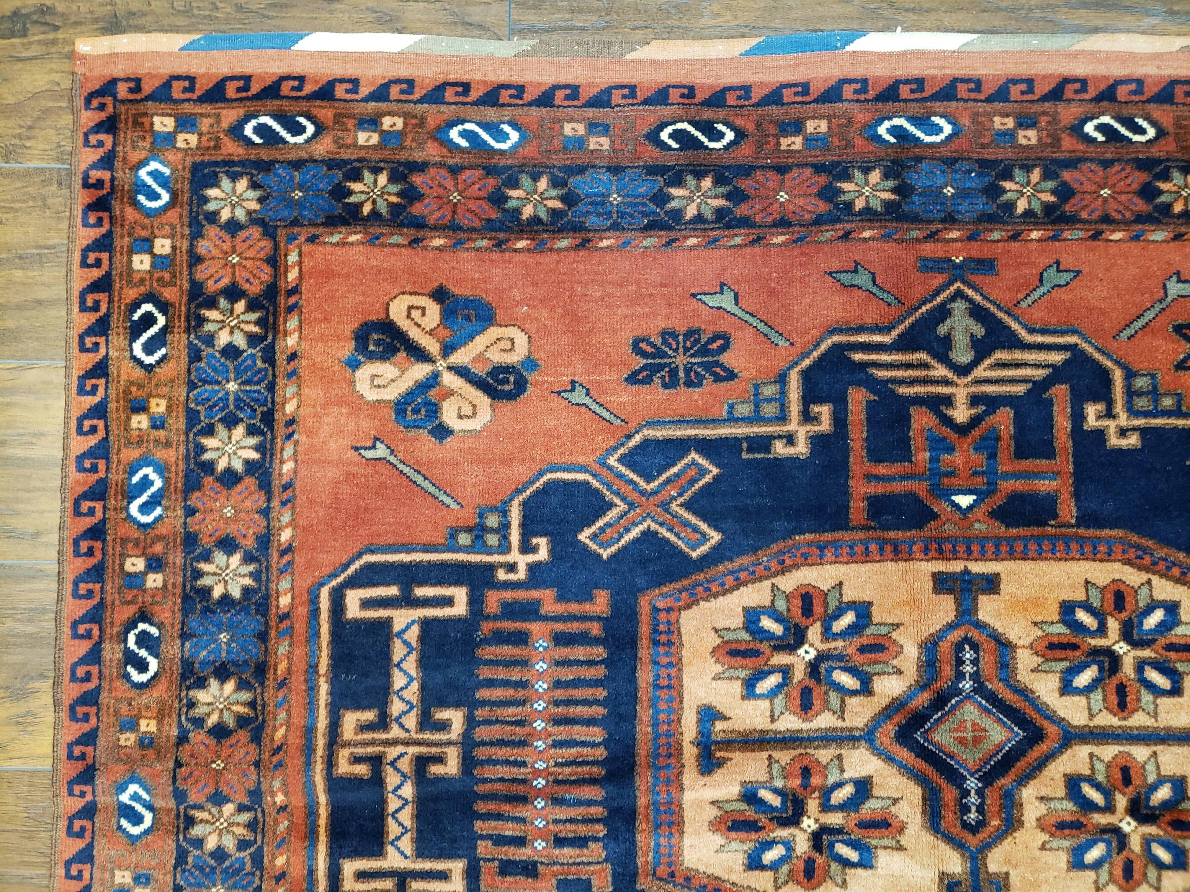 Vintage Afghan Bashir Area Rug 5x7 - 6x8, Wool Hand-Knotted Handmade Red & Navy Blue Tribal Antique Boho Carpet, Foyer Room Rug, Medallions - Jewel Rugs