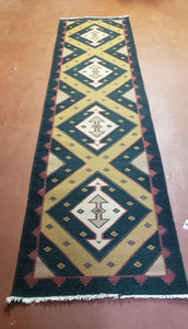 Vintage Indian Kilim Runner Rug, Geometric Flatweave Hand-Knotted Wool Kitchen Hallway Runner, Black Gold & Beige, 2' 8" x 9' 9" - Jewel Rugs