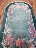 Oval Chinese Peking Rug, Teal Chinese Rug, Antique Art Deco Rug, Nichols Rug Oval, 3' x 5' 9", Teal and Green with Flowers, Wool, Handmade - Jewel Rugs