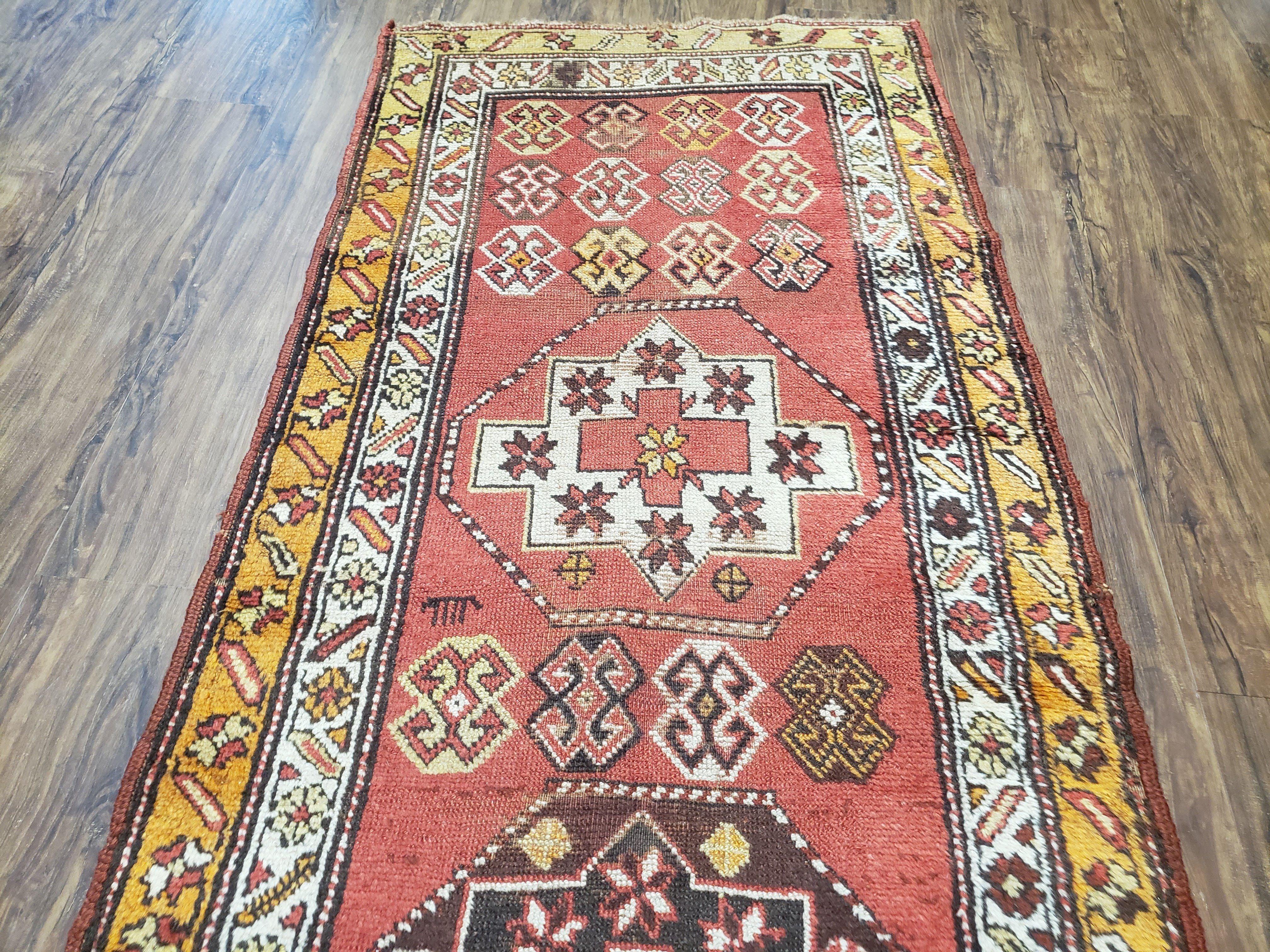 Antique Caucasian Kazak Runner Rug 10.5 ft Long, Red Orange Hand-Knotted Wool Carpet, 3x11 Oriental Runner, Shabby Chic, Boho Rug - Jewel Rugs