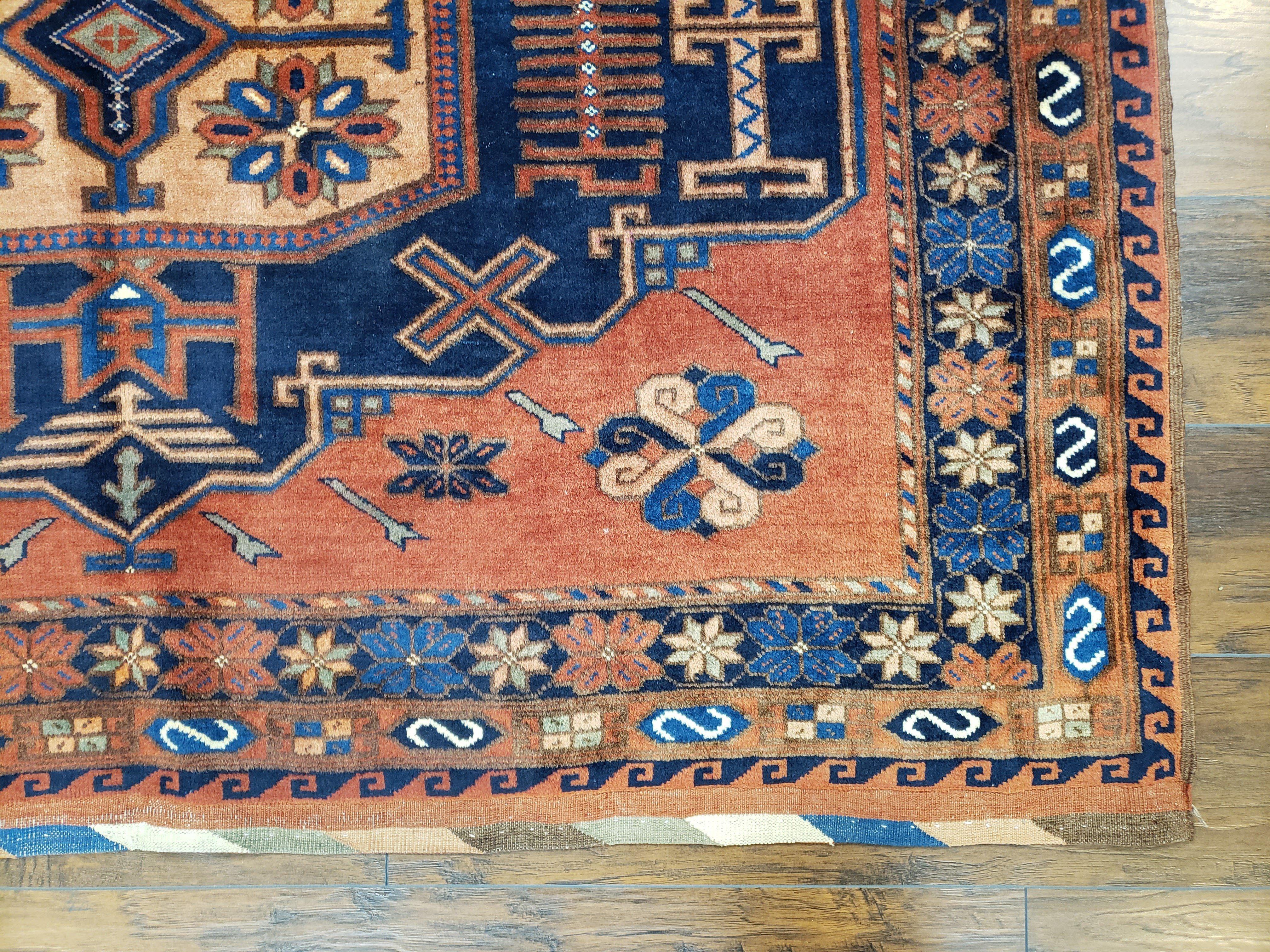 Vintage Afghan Bashir Area Rug 5x7 - 6x8, Wool Hand-Knotted Handmade Red & Navy Blue Tribal Antique Boho Carpet, Foyer Room Rug, Medallions - Jewel Rugs