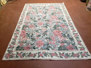 5x8 Needlepoint Rug 5' 4" x 8' 3" Wool Flat Weave Floral New Unused Carpet English Design Ivory Large Pink Flowers Green Leaves Hand-Knotted - Jewel Rugs
