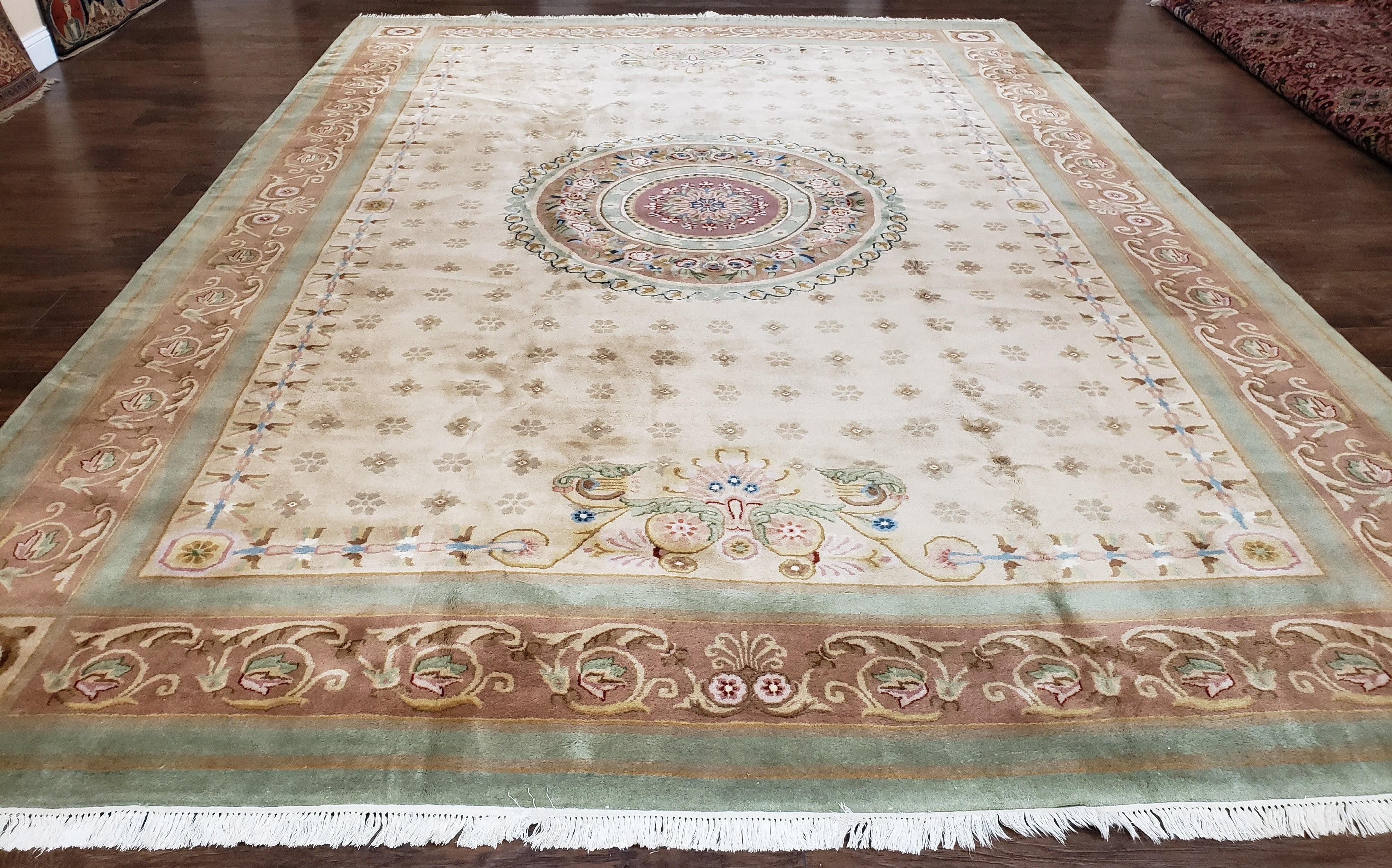 Large Vintage Chinese Aubusson Savonnerie Room Sized Rug 10x14, Wool Handmade Hand-Knotted 120 Line Living Room Dining Room Rug, Beige - Jewel Rugs